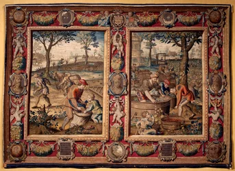 September og oktober: «Jordbruksarbeid og innhøsting». Billedteppe av Mortlakes manufakturer. Genes fra 1600-tallet, Musei di Strada Nuova