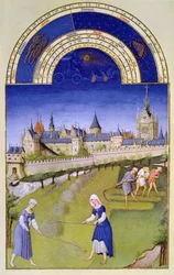 Faksimile av juni: Høyslått, fra «Très Riches Heures du Duc de Berry» (etter originalen, se 8438)