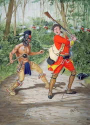 En huronkriger mot en menig fra det 44. fotregiment i 1755, fra et sett med seks tablåer