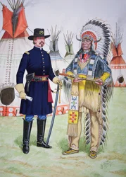 Høvding Red Cloud i Oglala Sioux tilbyr fredspipe til en offiser i det 5. regimentet av amerikansk kavaleri ved undertegningen av Fort Laramie-traktaten i 1868, fra et sett med seks tablåer