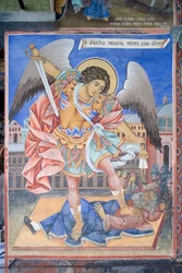 Bulgaria, Rila-klosteret, freskomaleri av St. Michael Erkeengel ved Jomfruens fødselskirke