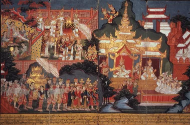 Eller 14297 fol.6-7 The Birth of the Future Buddha, ca. 1800-20 (gouache på papir)