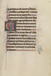 Initial C: Tre geistlige synger fra en bok