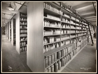 Innvendig visning av et kjemikalielager i Parke, Davis und Co., kjemikere, Hudson und Vestry Streets, New York, 1910 (sølvgelatintrykk)