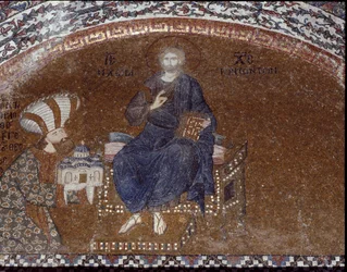Donor Theodore Metochites presenterer sin kirke til Kristus (mosaikk av 1310-1320)