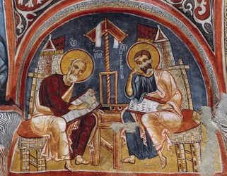 Evangelistene Luke og Matteus som skriver evangelier, Karanlik Kilise (Dark Church) (1100-1200-tallet), Goreme (Unescos verdensarvliste)