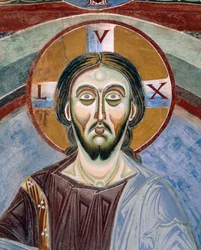 Face of Christ Pantocrator, Detalj av romanske fresker i bysantinsk stil, slutten av 1000-tallet, kapellet Saint Eldrad og Saint Nicholas, Novalesa Abbey, Piemonte, Italia