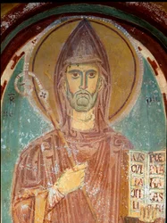 Representasjon av Saint Benedict of Nursie (6. århundre) Detalj av en freskomaleri av den bysantinske skolen. Begynnelsen av 1200-tallet. Klosteret Saint Benoit (Sacro Speco), kapellet Saint Gregoire a Subiaco (Roma), Italia