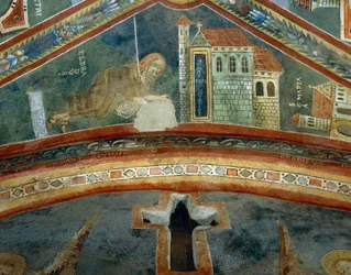 Saint Eldrad vender tilbake fra Santiago de Compostela, detalj fra historiene om livet til Saint Eldrad, romansk freskomaleri, bysantinsk stil, sent på 1000-tallet, kapellet Saint Eldrad og Saint Nicholas, Novalesa Abbey, Piemonte, Italia.