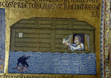 Historien om Noah: Noah sender ut ravnen og den første duen. Detalj av innvendige mosaikker i Markuskirken, 11. århundre