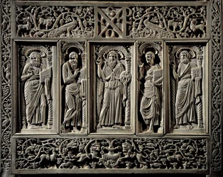 Bysantinsk kunst: "" Døperen Johannes og de fire evangelistene"" mindreverdig detalj av Chair of the Eveque of Ravenna Maximien (546-554) trone episcopal (cathedra) i elfenben, realiserer sannsynligvis en Konstantinopel Ravenna, Museo Arcivescovile (bysant
