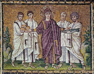 Bysantinsk kunst: «Brødunderet og fiskene». Mosaikk fra 500-tallet. Basilikaen Sant
