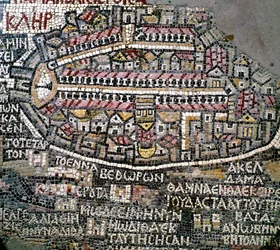 Bysantinsk kunst: eldste kart over Palestina. Detalj som representerer Jerusalem. Mosaikk fra 600-tallet. Madaba, St. George-kirken