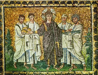 Jesus og mangedoblingen av brød og fisk, fire apostler, 6. århundre (mosaikk)