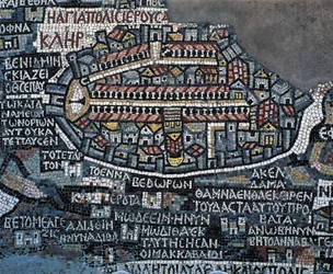 Madaba mosaikkkart (Kart over det hellige land), 560, mosaikk i den gresk-ortodokse basilikaen St. George, Madaba, Jordan, bysantinsk sivilisasjon, 6. århundre (mosaikk)