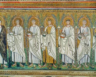 Martyrprosesjon Sankt Klemens, Sixtus, Laurentius, Hippolytus, Kornelius, alle bærende kroner - symbol på martyrer, 6. århundre (mosaikk)