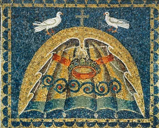 Umbraculum, en del av pavelig regali, i form av et skall med duer som et tegn på fred, 6. århundre (mosaikk)