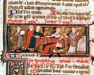 Bryllupsscene, ektefellene er dekket med et klede, symbol på deres forening. Miniatyr hentet fra Justinianus-koden (Codex Justinianus), en samling lover og institusjoner omformulert under den romerske keiseren Justinian I av Bysants (483-565) ms. 824 Mila.