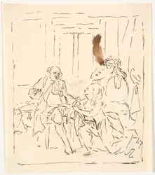 En kvinne kneler foran en sittende mann. I bakgrunnen en gråtende kvinne som lener seg på en stol. Teaterscene?