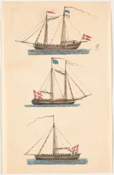 Tre marineskip med danske flagg. Åredrevet