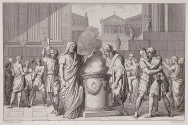 Møtet mellom Camillus og Manlius etter gallernes retrett, gravert av B.Barloccini, 1849