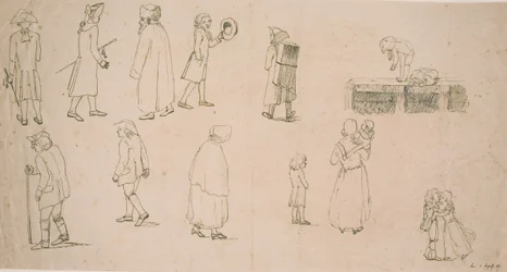 Ulike figurer, bl.a 2 grupper med lekne barn og "portrettmaler Hansen"