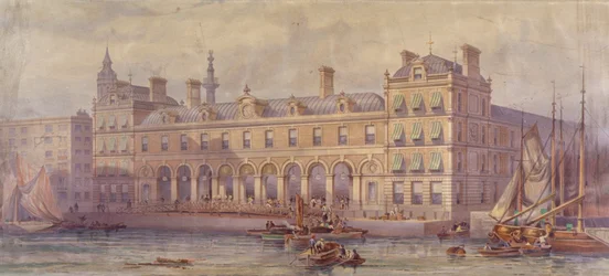 Utsikt over Billingsgate Market med figurer og båter i forgrunnen, London, 1877