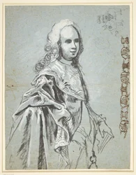 Studie til et portræt, formentlig af A. G. Moltke; til højre på bladet studie til Elefantridderordenens kæde   1267946   no       norwegian Successfully Translated  Original: The Actor Ichikawa Yaozo III Holding a Red Fan, 1794. Translat: The Actor Ichikaw