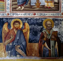Erkeengel og helgen, freskomaleri i Mikro Sotiris-klosteret, Symi-øya, Hellas (bilde)