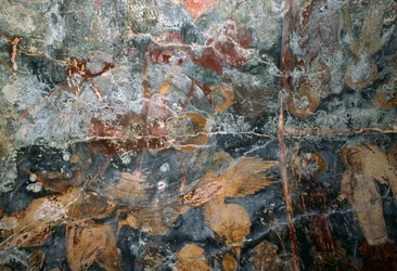 Skadet freskomaleri i kirken Metamorphosis Sotiros, Voutas, Kreta, Hellas (bilde)