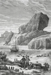 Oppdagelsen av Austral-Frankrike (Kerguelen-øyene) av den franske oppdageren Yves-Joseph de Kerguelen-Tremarec (1734-1797), februar 1772, gravering, Det indiske hav, territoriet til franske sørlige og antarktiske land