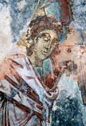 Mannsfigur, skadet freskomaleri i taket til kirken Agios Vasileios, Vavouledo, Kreta, Hellas (bilde)