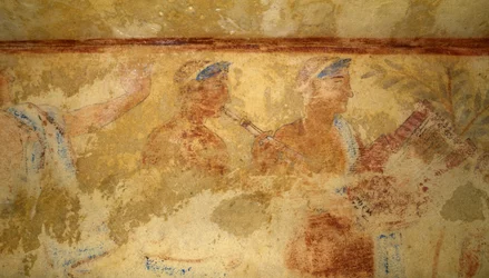 Musikere, freskomalerier, detaljer, Tomb of the Blue Demons, Necropolis of Tarquinia (UNESCOs verdensarvliste, 2004), Lazio, Italia. Etruskisk sivilisasjon, 500-tallet f.Kr. (bilde)