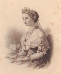 Portrett av Eugenia de Montijo de Guzman (1826-1920), keiserinne av fransk, kone til Napoleon III Bonaparte, gravering av W Wellstood, fra damelageret, USA, ca. 1870