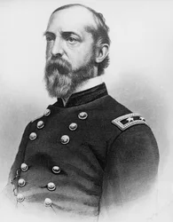 Portrett av George Gordon Meade (1815-1872), USAs hærgeneral og sivilingeniør som spilte en kritisk rolle i den amerikanske borgerkrigen ved å beseire den konfødererte hæren ved Gettysburg, gravering etter fotografi