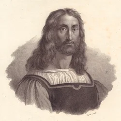 Portrett av den italienske gravøren Marcantonio Raimondi (1480-1534), kobberstikk av Barni fra maleri av Raffaello Sanzio