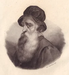 Portrett av italiensk billedhugger og gullsmed Benvenuto Cellini (1500-1571), kobberstikk av Caterina Piotti-Pirola fra maleri av Giorgio Vasari