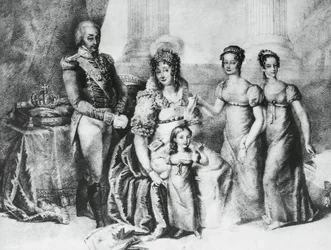Portrett av Victor Emmanuel I, konge av Sardinia og hertug av Savoy, Piemonte og Aosta, med sin kone Maria Theresa av Østerrike-Este og døtrene hans, Maria Teresa av Savoy (1803-1879), Maria Anna av Savoy og Maria Cristina av Savoy , gravering