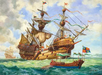 The Great Harry, flaggskipet i kong Henriks flåte, med mange av sine 251 kanoner (gouache på papir)