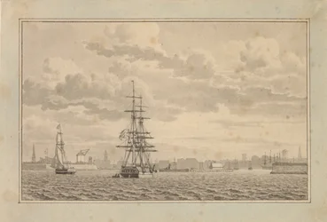 København sett fra Yderhavnen med en brigg for anker og en seilsluppe.