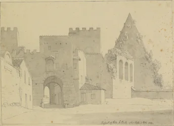 Prospekt av Porta S.Paolo og Piramide di Caio Cestio sett fra bysiden, Roma.