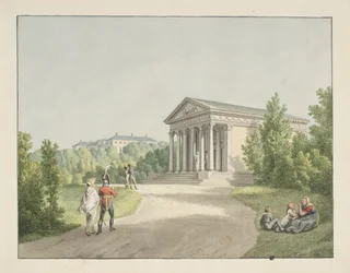 Prospekt fra Frederiksberg hage ved slottet og Apis tempel