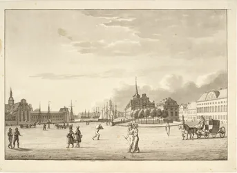 Slottsplassen i København med Holmens kirke, Børsen, den nå forsvunne bank- og kansellibygningen ("Den røde bygning")