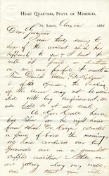 Brev signert C.C. Bailey, Head Quarters, State of Missouri, St. Louis, til guvernør [Hamilton R. Gamble], 12. august 1863