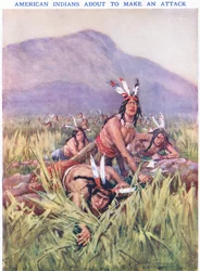 Amerikanske indianere i ferd med å angripe (farge litho)