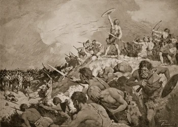 Slaget ved Mons Badonicus, ca. 500 e.Kr., illustrasjon fra «The History of the Nation»