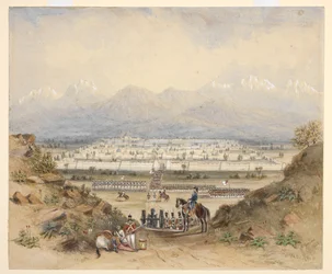 En general som anmelder kavaleri og infanteri, som er i ferd med å gå inn i en by med murer i et fjellrikt land, kanskje Kandahar (N.W.F.P.). 1843, etter en tidligere skisse.