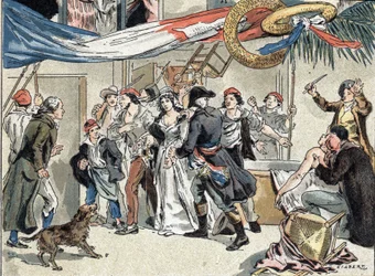 Arrestasjonen av Charlotte Corday etter drapet på Jean-Paul Marat i 1793. Illustrasjon av Camille Gilbert fra 1890.