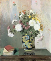 Bukett med blomster, krysantemum i en kinesisk vase