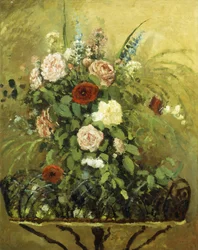 Bukett av blomster med en rustikk tre Jardiniere; Bukett blomster, med rustikk treplantekar, ca. 1876
